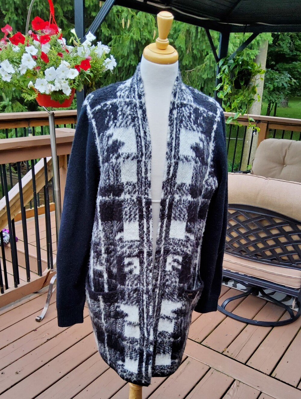 Tommy Hilfiger Black and White Plaid Open-Front Cardigan Coatigan